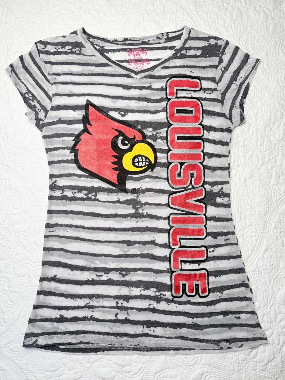 Louisville Women's Short-Sleeve Striped Tee - Red Cardinal Graphic Size 11/13